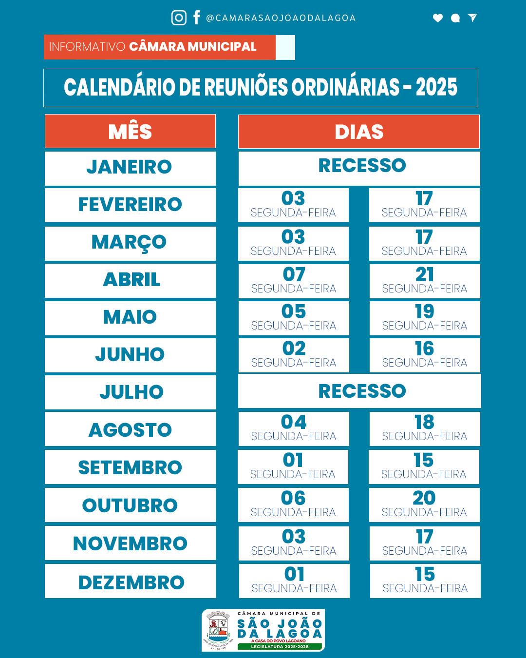 Câmara Divulga Calendário de Reuniões Ordinárias para 2025